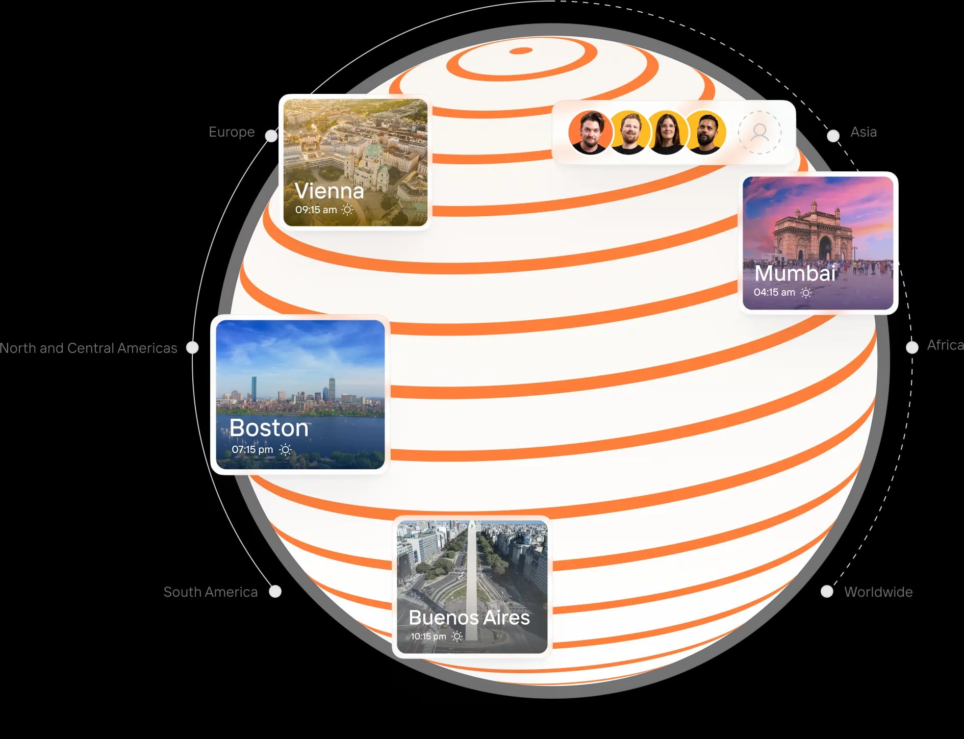 Candidately global team locations on a globe - Vienna, Boston, Mumbai, Buenos Aires with team member avatars and local times