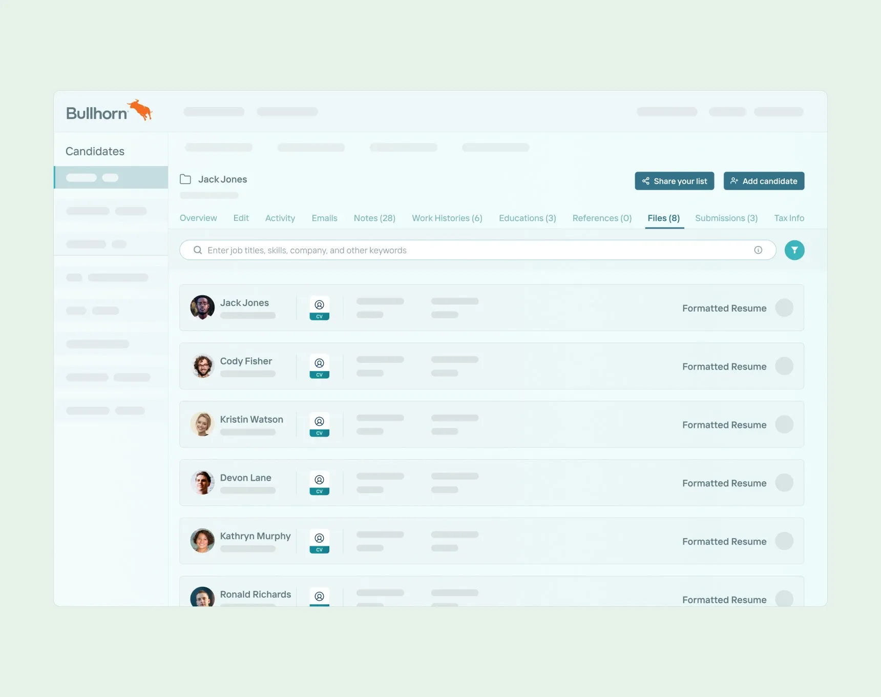 Bullhorn ATS candidate record showing Candidately formatted resumes in the Files tab