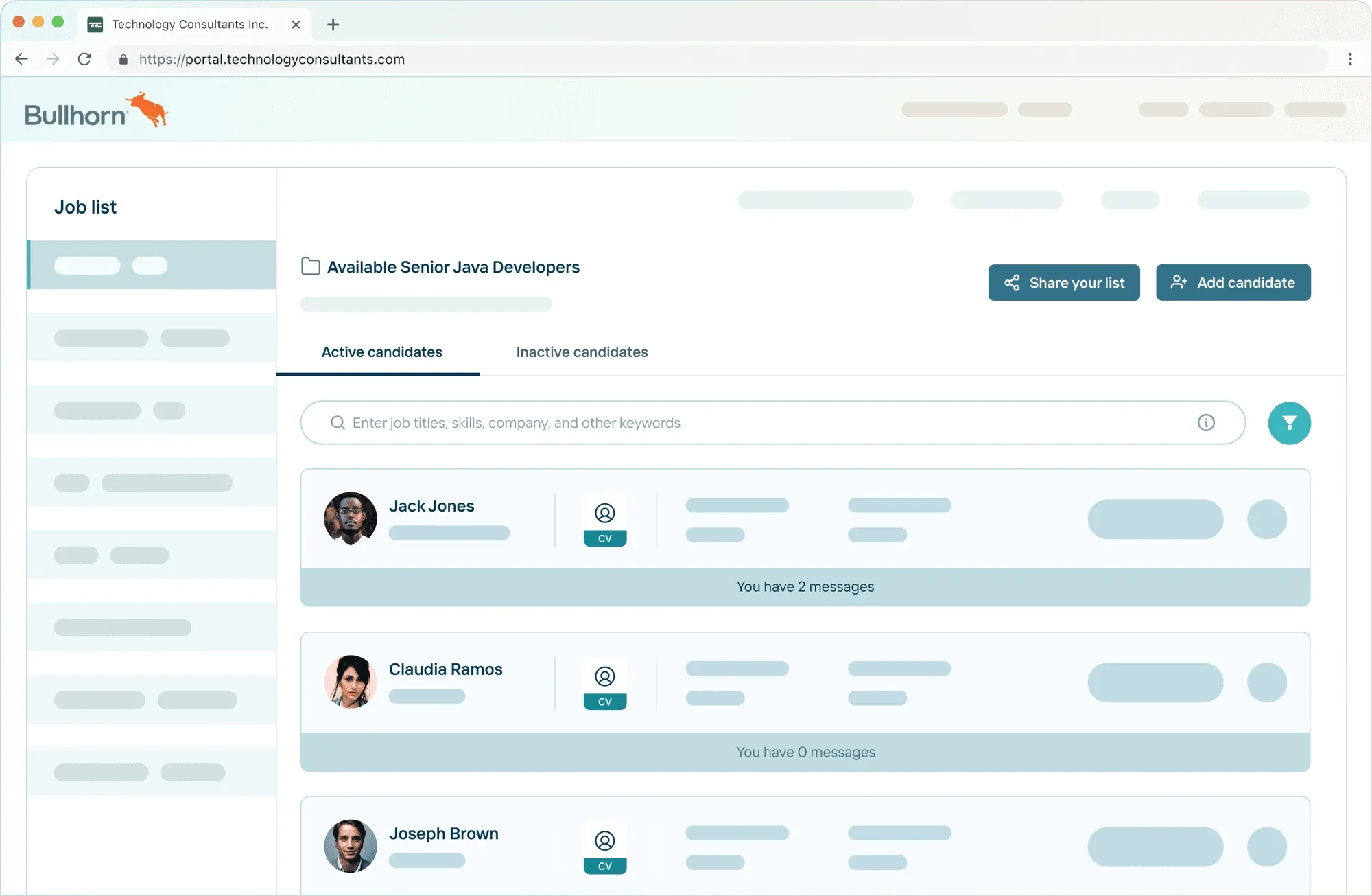 Bullhorn ATS showing a candidate list with job search, active candidates, and CV management for staffing recruiters