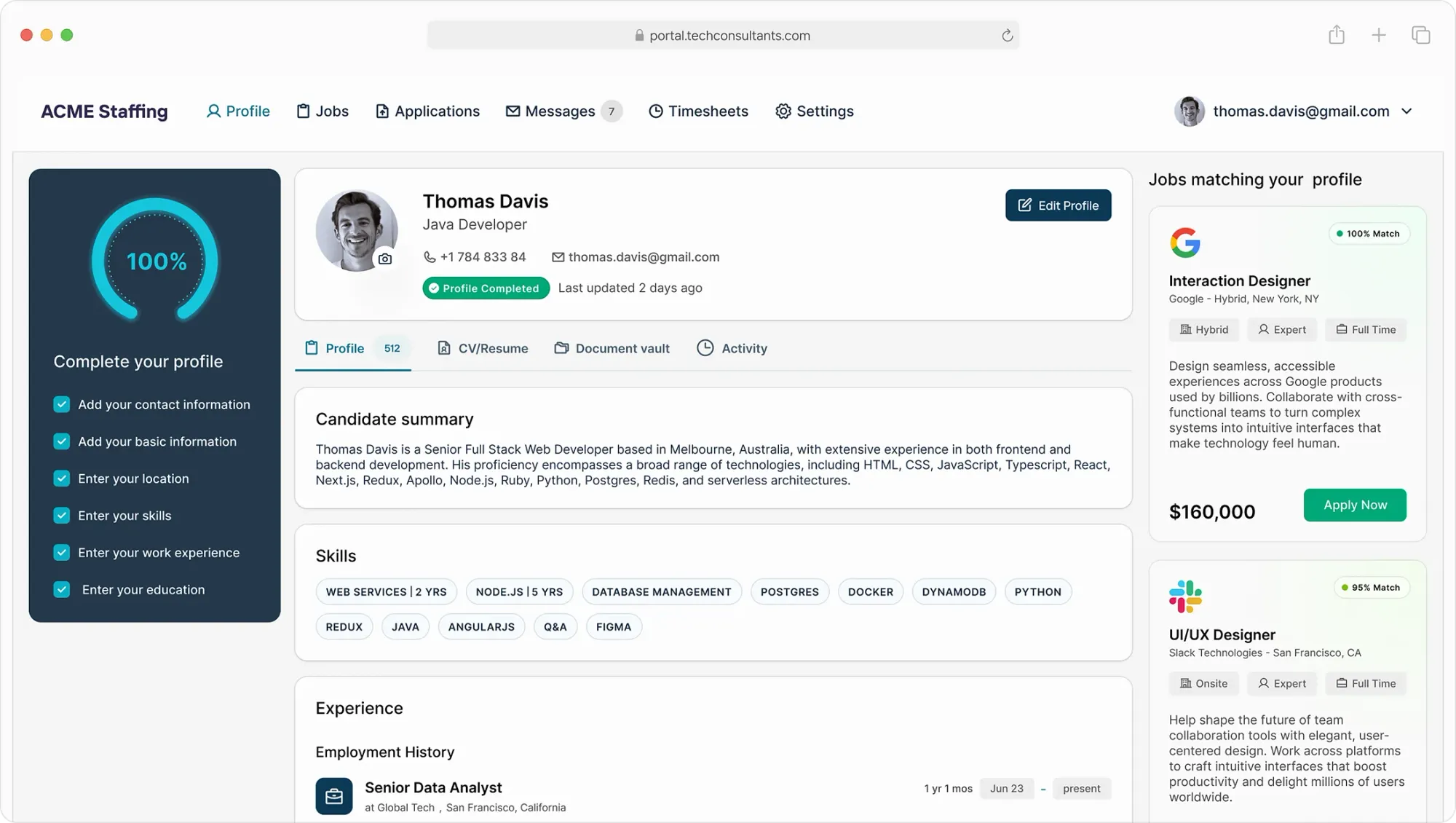 Candidate portal dashboard showing profile completion, skills, and interview scheduling