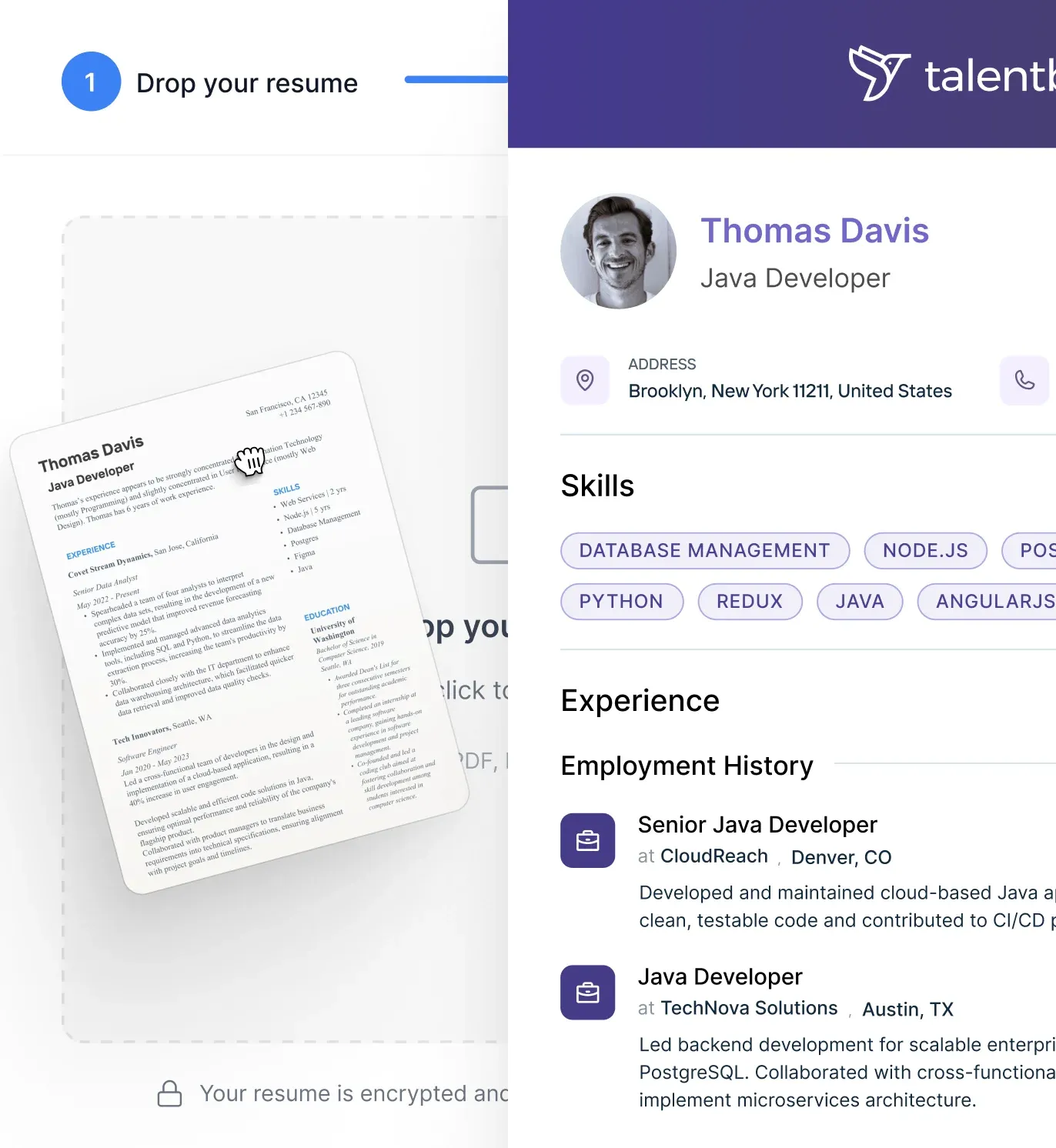Mobile view of resume upload and profile parsing flow