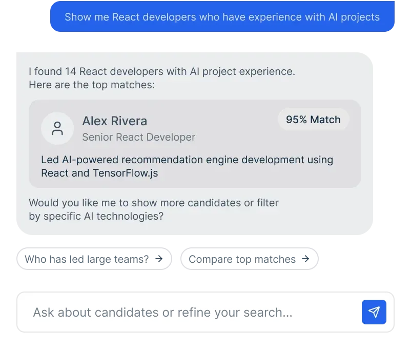 AI chat interface searching ATS database for React developers with 95% match score result