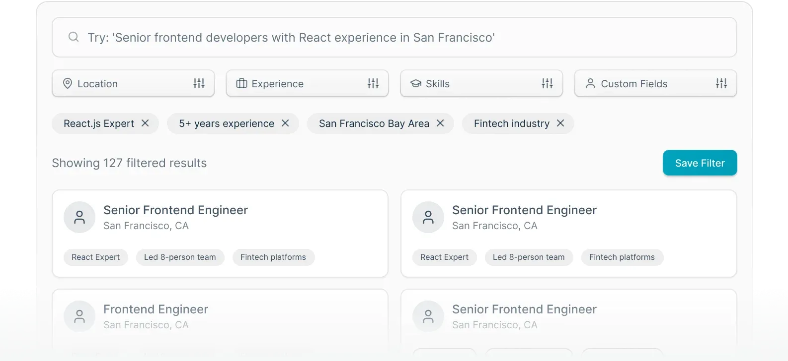 ATS search filters for location, experience, skills, and custom fields with 127 candidate results