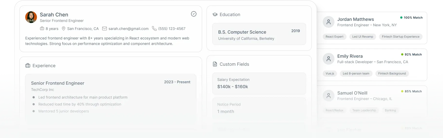 Candidate profile with education, experience, and similar candidates ranked by match percentage