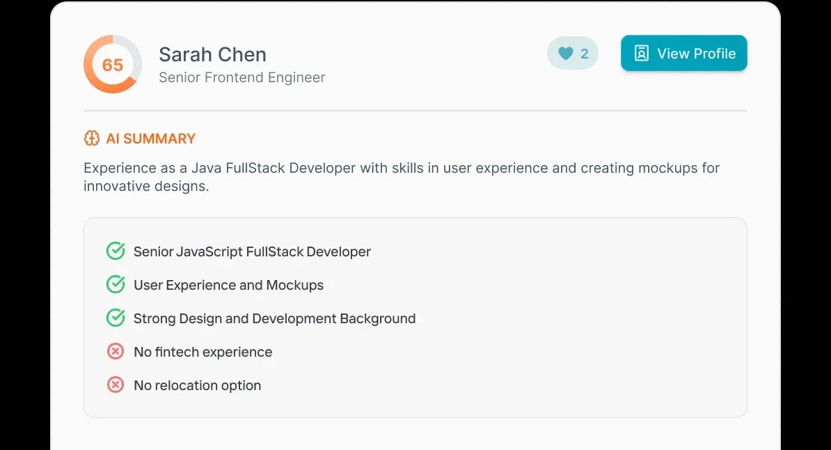 AI applicant screening card with match score, skill checklist, and recruiter notes for staffing