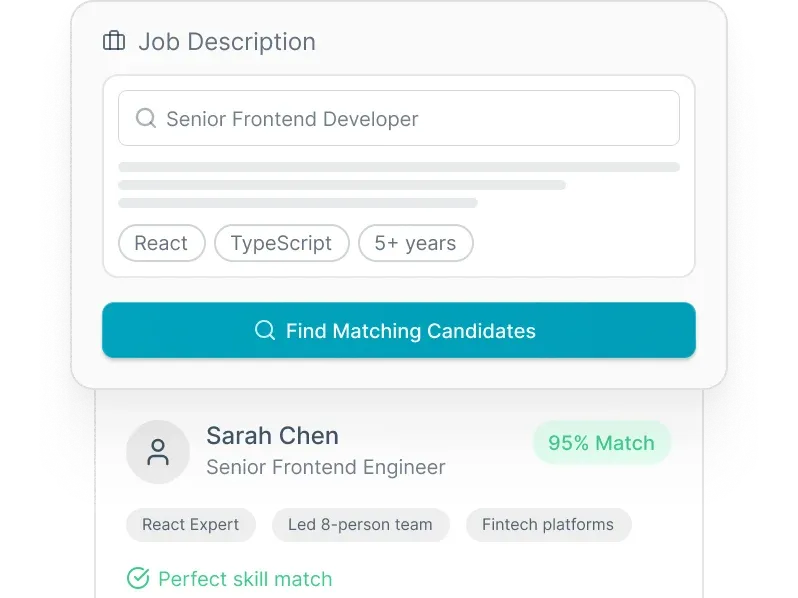 Job description matching UI showing skill tags and a 95% candidate match for staffing recruiters