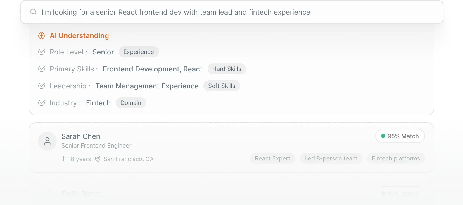 Natural language ATS search with AI understanding of role level, skills, leadership, and industry