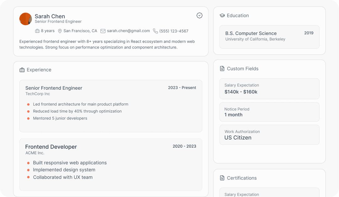 Candidately candidate profile view with AI-generated summary, skills, and match score