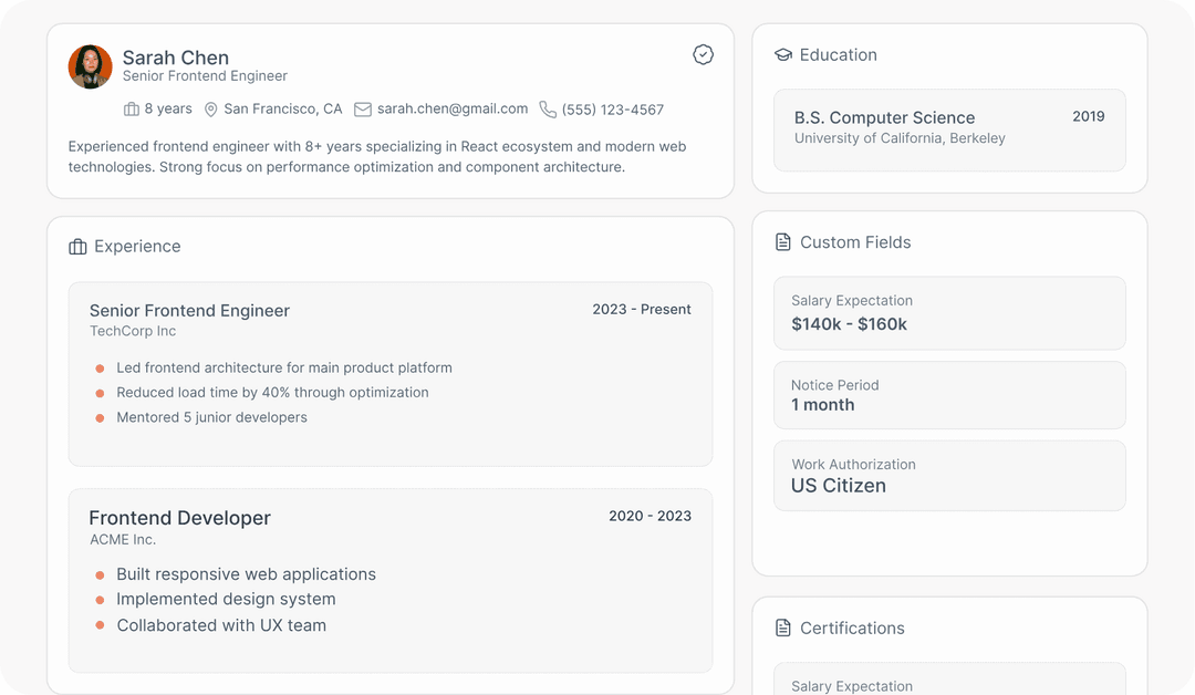 Candidately candidate profile view with AI-generated summary, skills, and match score