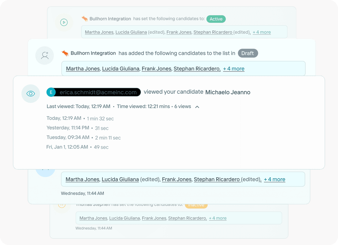 Candidately client collaboration view showing shared candidate profiles and team notes