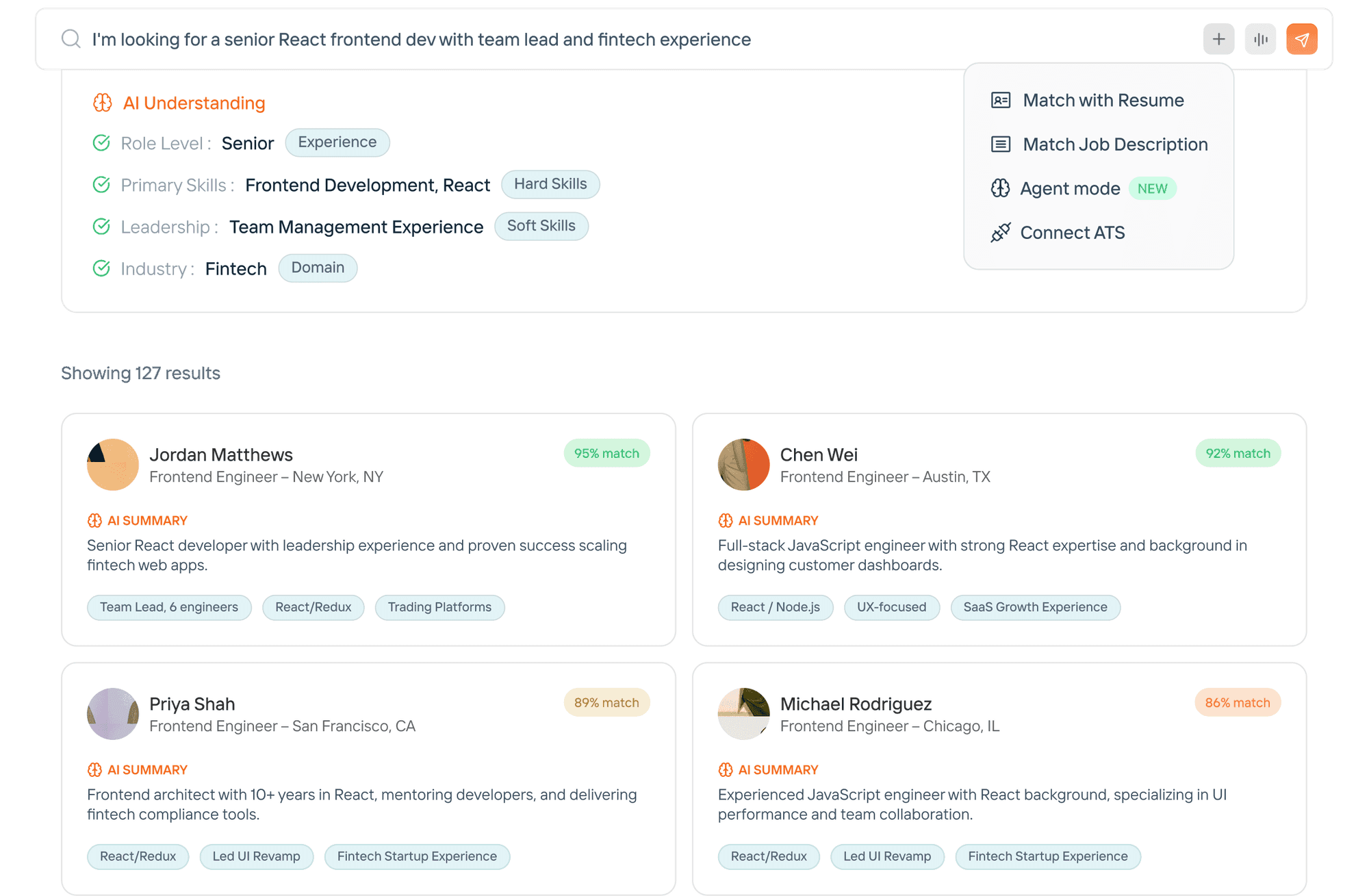 Candidately Candidate Search AI showing natural language search with AI-ranked candidate results and match scores