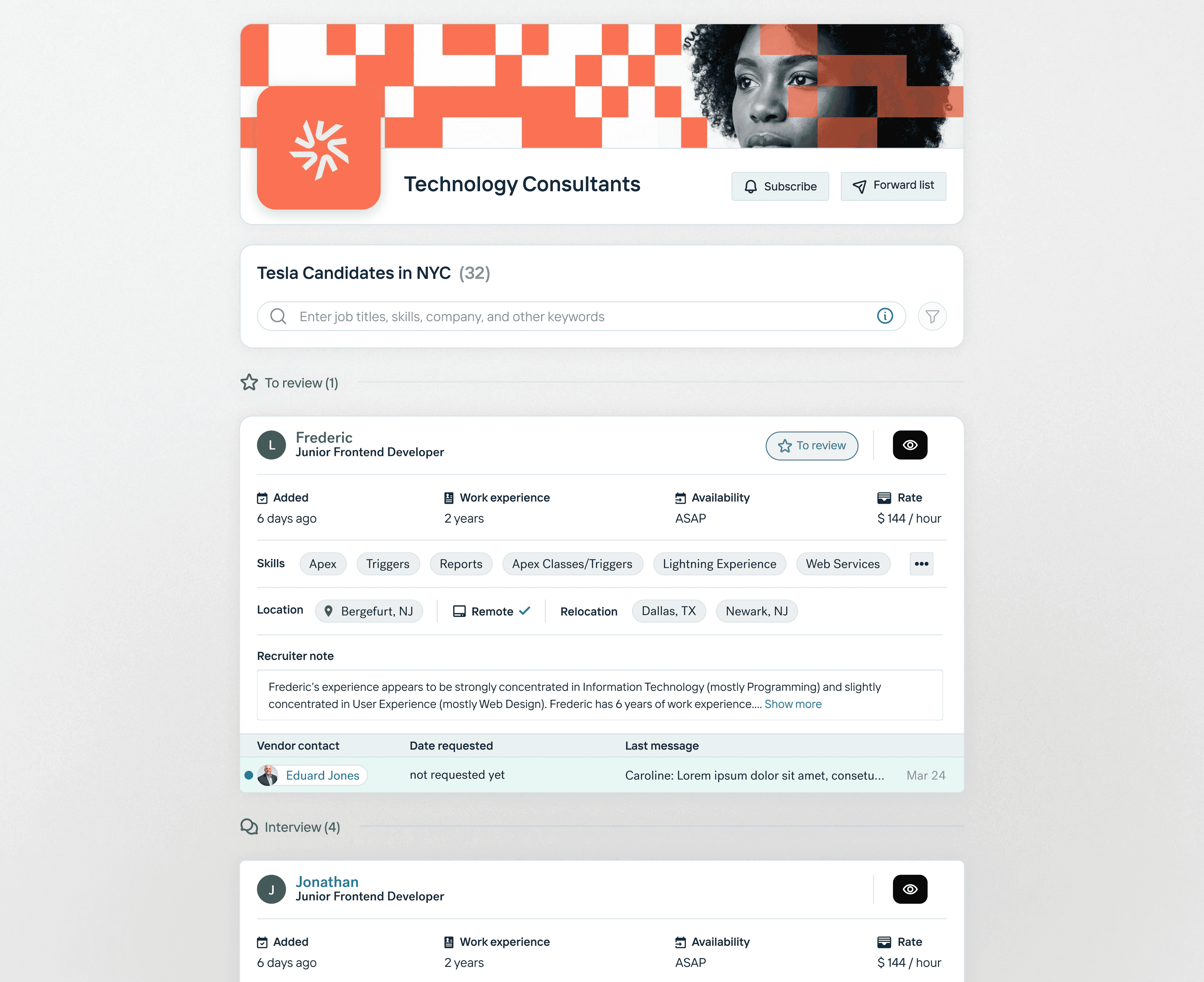 Candidately client portal showing branded candidate submissions with pipeline stages and recruiter notes