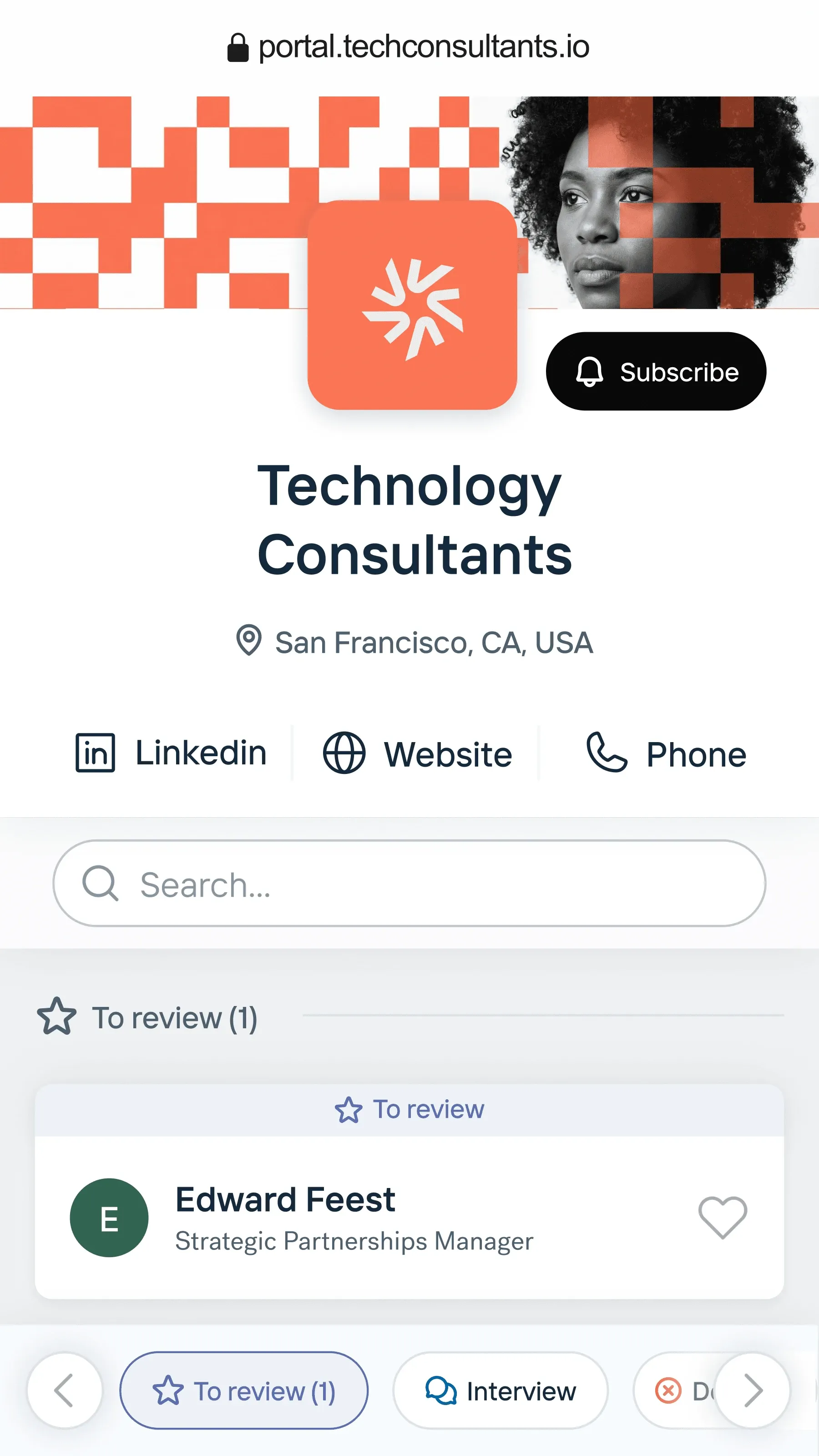 Candidately client portal mobile view showing branded agency profile with candidate pipeline and review actions