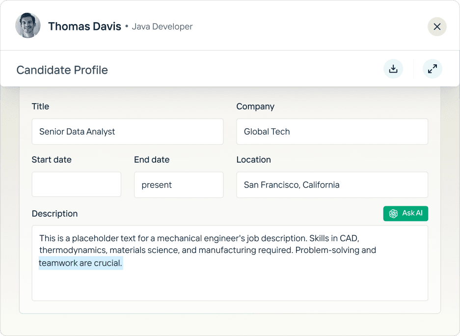 Candidate profile editor with AI-generated recruiter notes and job description fields