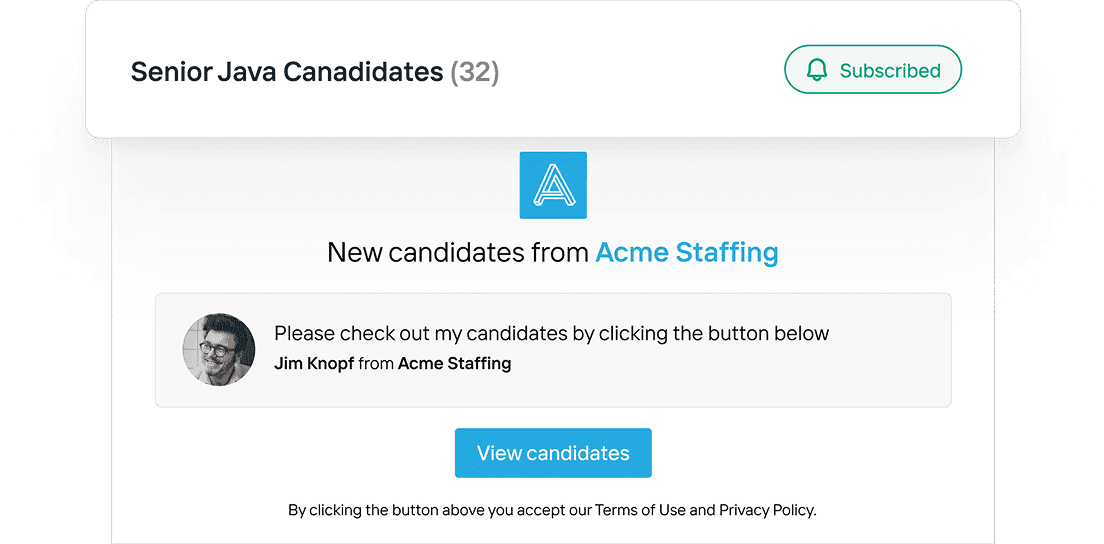 Email notification showing new candidates from Acme Staffing with view candidates button