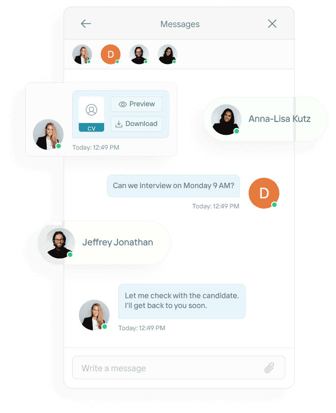 In-app messaging between hiring managers with CV preview and interview scheduling
