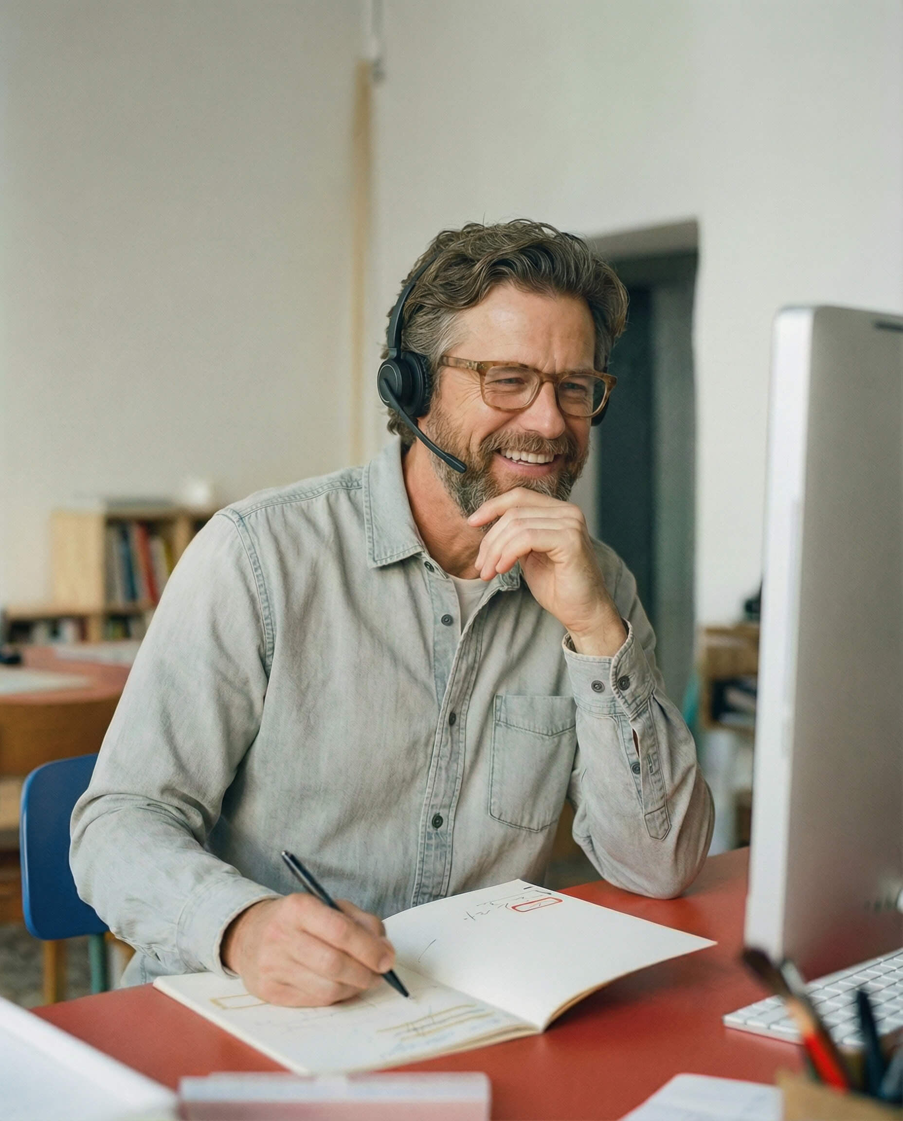 Recruiter sourcing talent with headset at desk, reviewing candidate notes